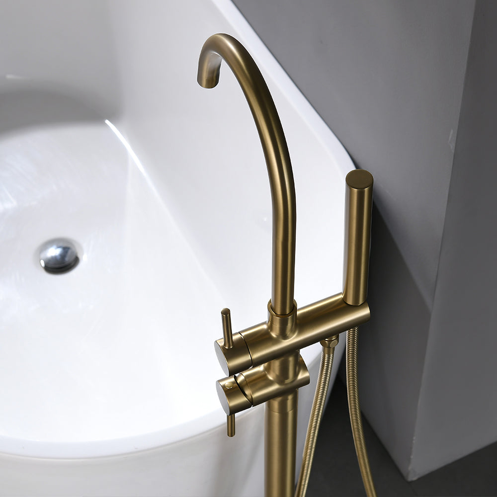 Brushed Gold 2-Handle Freestanding Tub Faucet with Hand Shower