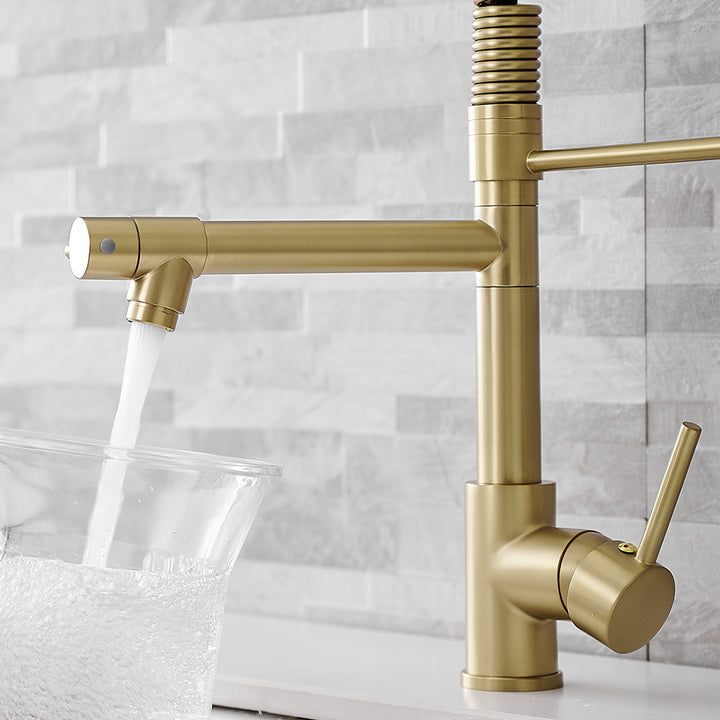 Touchless Deck Mount Gooseneck Pull Down Sprayer Brushed Gold Single Handle Kitchen Faucet
