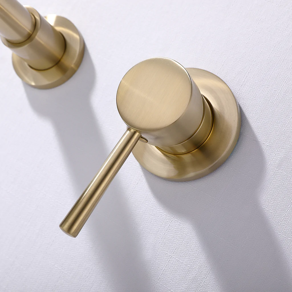 Wall Mount Single Handle Golden Bathroom Sink Faucet Brushed Gold