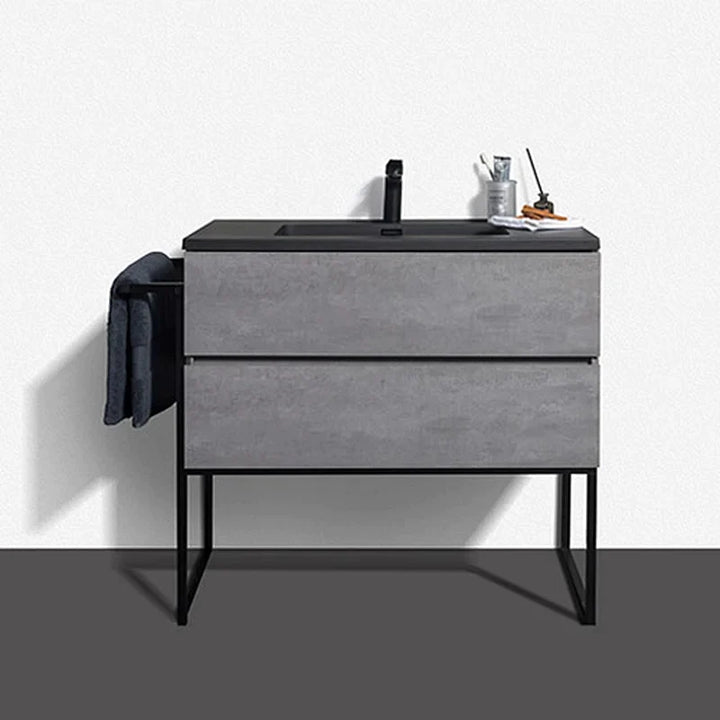 Wood Melamine Vanity Set in Gray with Quartz Sand Surface Top Black Basin