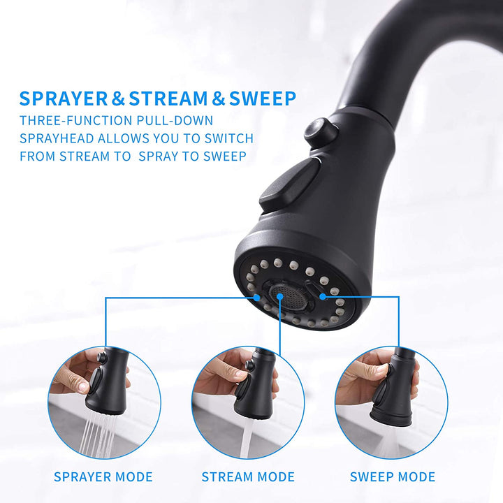 Single Handle Pull Down Sprayer Kitchen Faucet with 360° Rotation in Matte Black