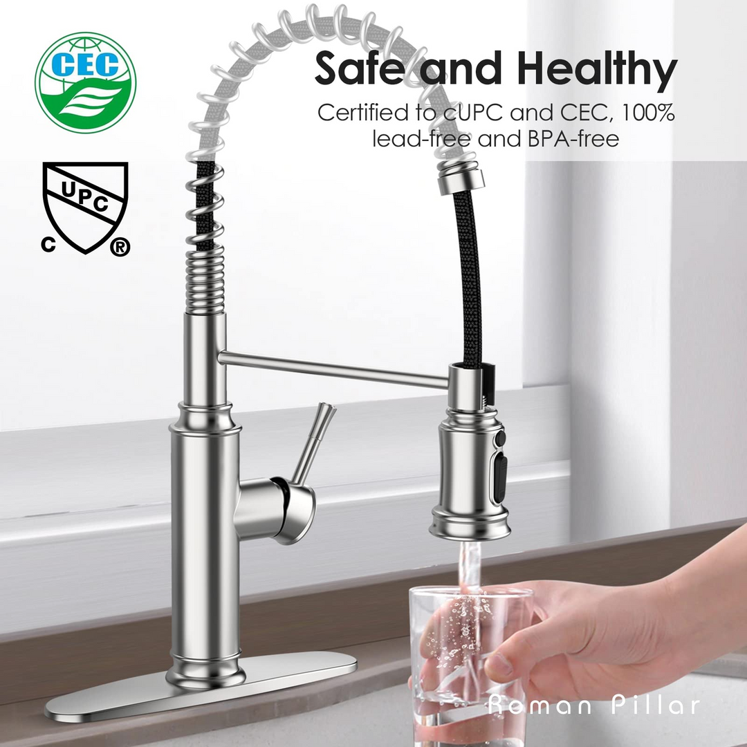 Spring Kitchen Sink Faucet with 3 Modes Pull Down Sprayer  Single Handle&Deck Plate for 1or 3 Holes