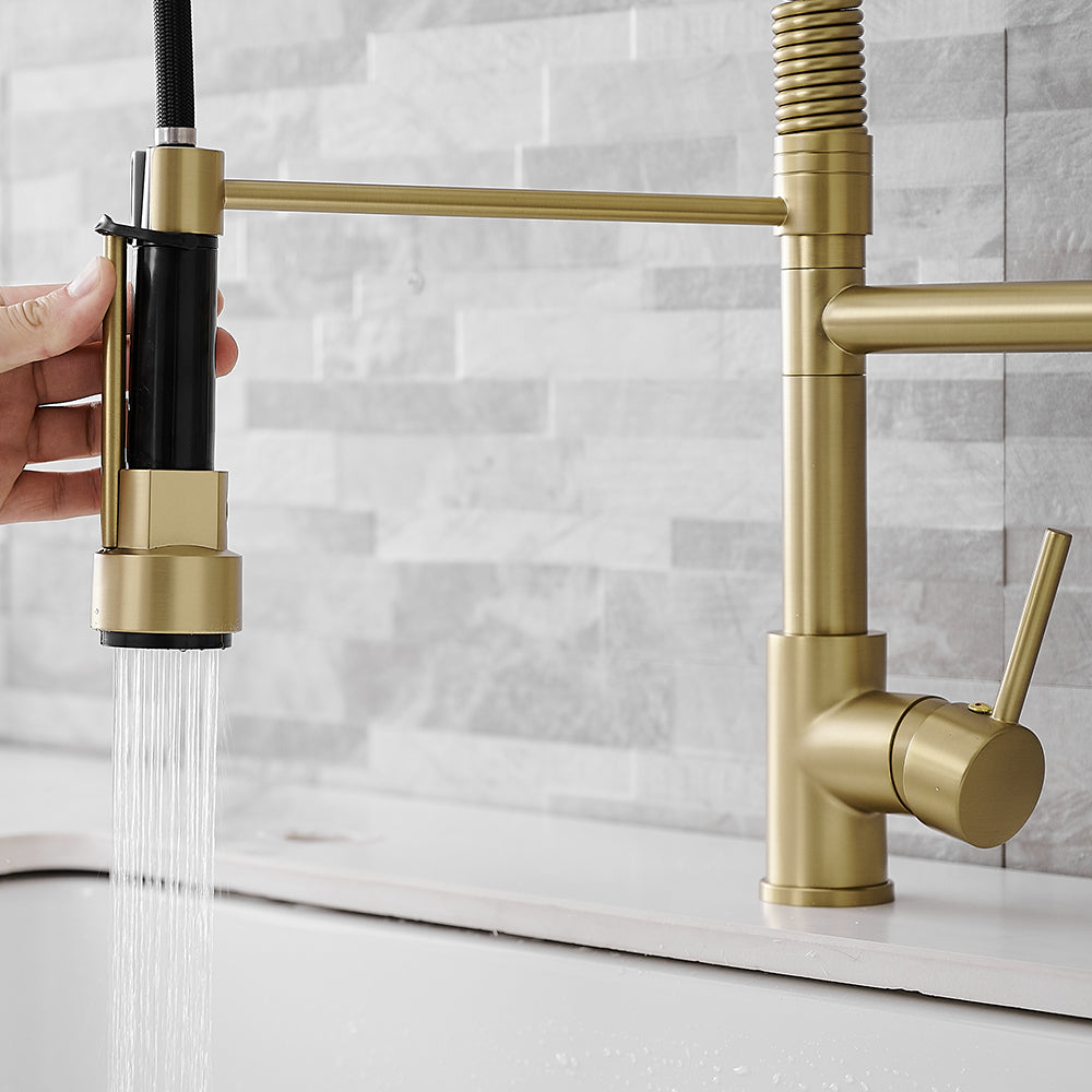 Touchless Deck Mount Gooseneck Pull Down Sprayer Brushed Gold Single Handle Kitchen Faucet