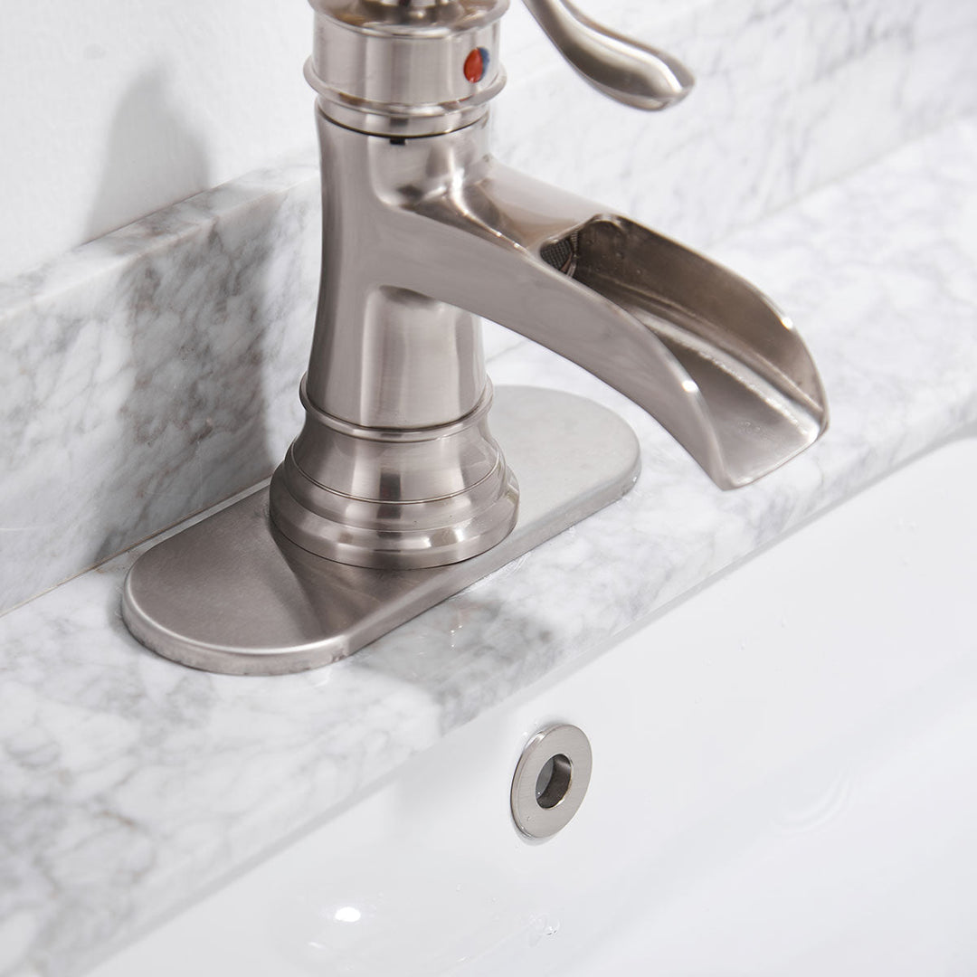 Sleek Stylish Single-Hole Single Handle Bathroom Faucet with Drain Kit Included in Brushed Nickel