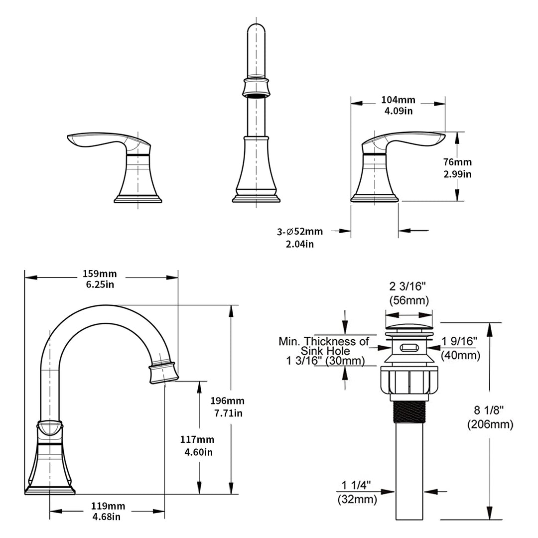 2-Handle 8 inch Widespread Bathroom Sink Faucet 3 Hole 360° Swivel Spout Vanity Sink Basin Faucets with Pop Up Drain Assembly