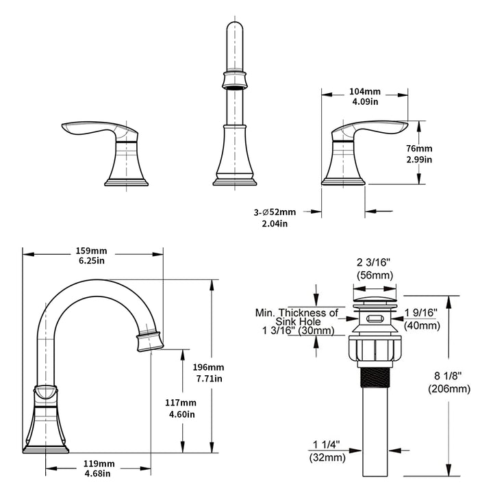 2-Handle 8 inch Widespread Bathroom Sink Faucet 3 Hole 360° Swivel Spout Vanity Sink Basin Faucets with Pop Up Drain Assembly