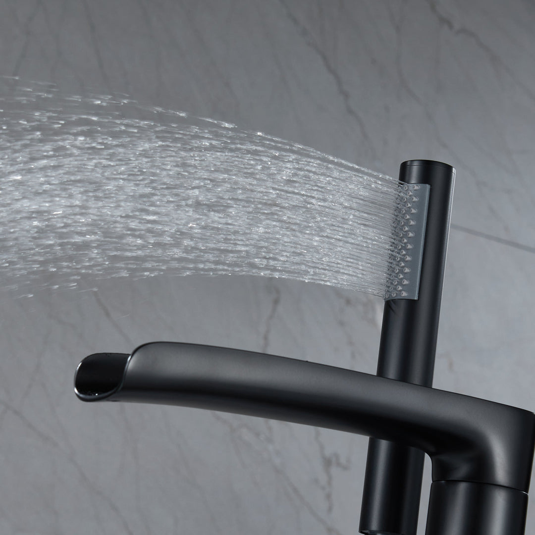 Modern Black Dual Function Freestanding Floor Mounting Waterfall Tub Faucet Filler