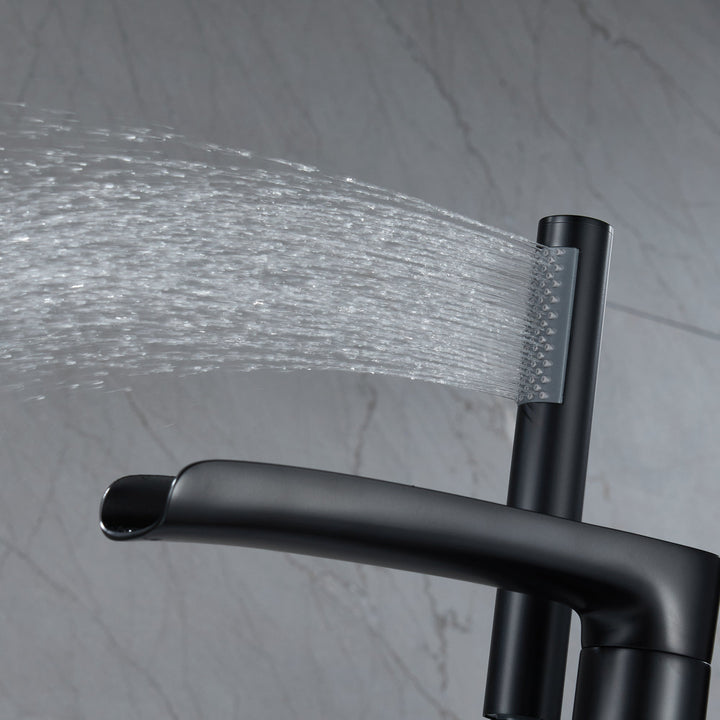 Modern Black Dual Function Freestanding Floor Mounting Waterfall Tub Faucet Filler