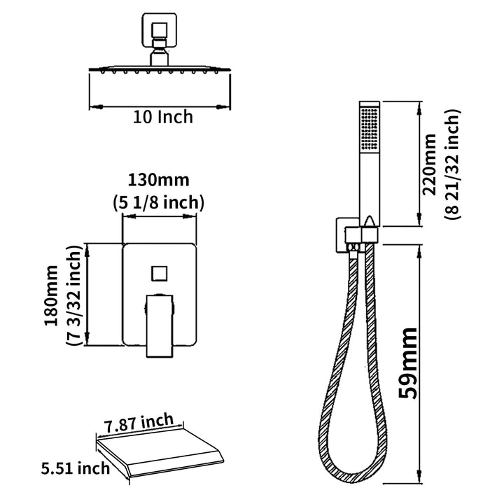 10 inch Rain Mixer Shower Faucet Set with Waterfall Tub Spout