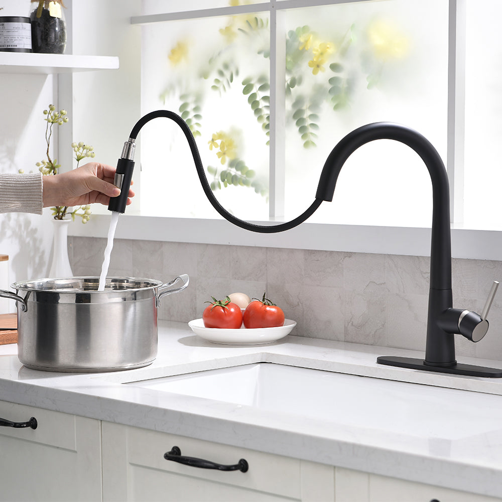 Single Handle Deck Mount Gooseneck Pull Down Sprayer Kitchen Faucet and Handles in Black