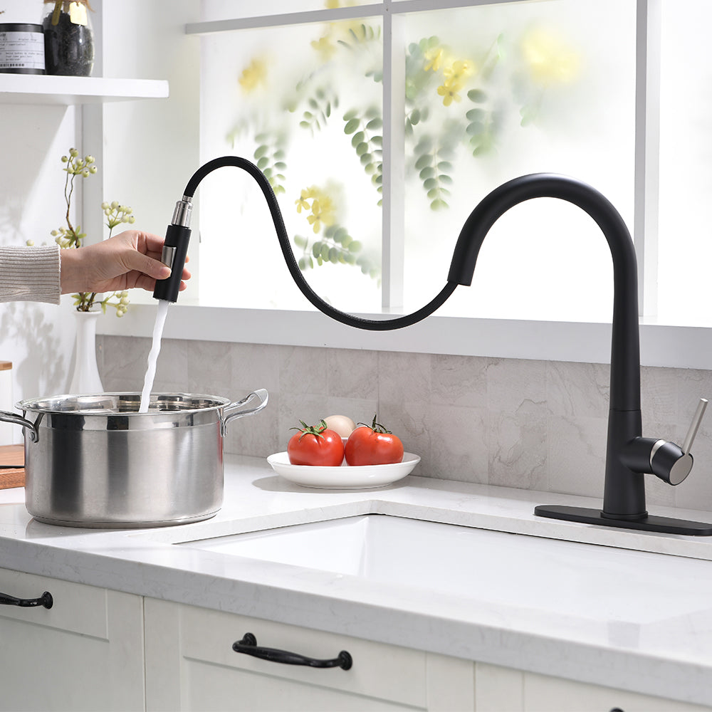 Single Handle Deck Mount Gooseneck Pull Down Sprayer Kitchen Faucet in Black