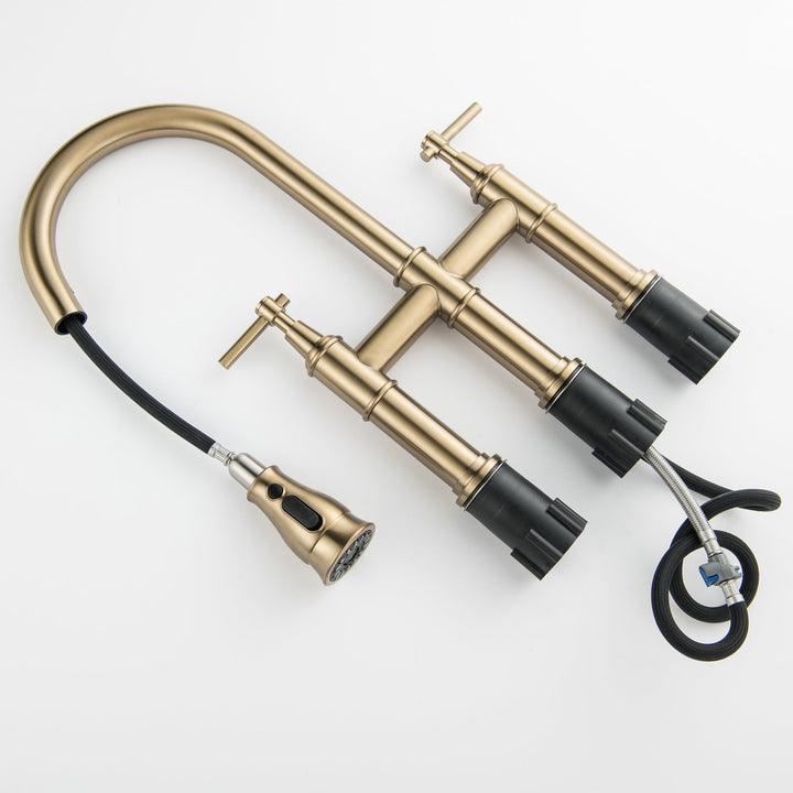 3 Hole Bridge Kitchen Faucet with Pull Down Sprayer Brushed Gold