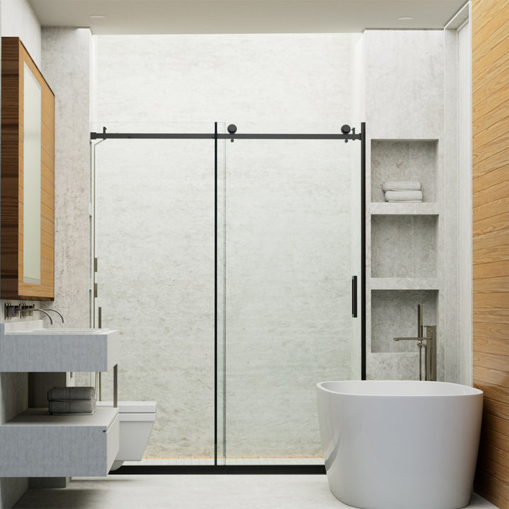 60-in W x 76-in H Sliding Shower Door with Stainless Handle in Black(Tempered Glass)