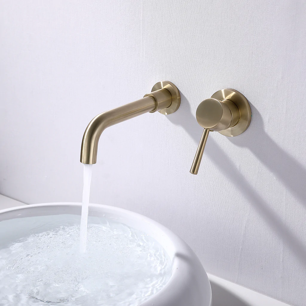 Wall Mount Single Handle Golden Bathroom Sink Faucet Brushed Gold