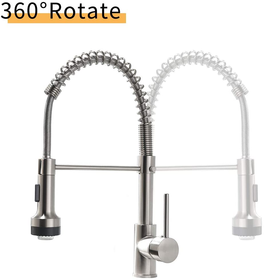 Single Handle Pull Down Sprayer Kitchen Faucet with 360° Rotation and LED Lights in Brushed Nickel
