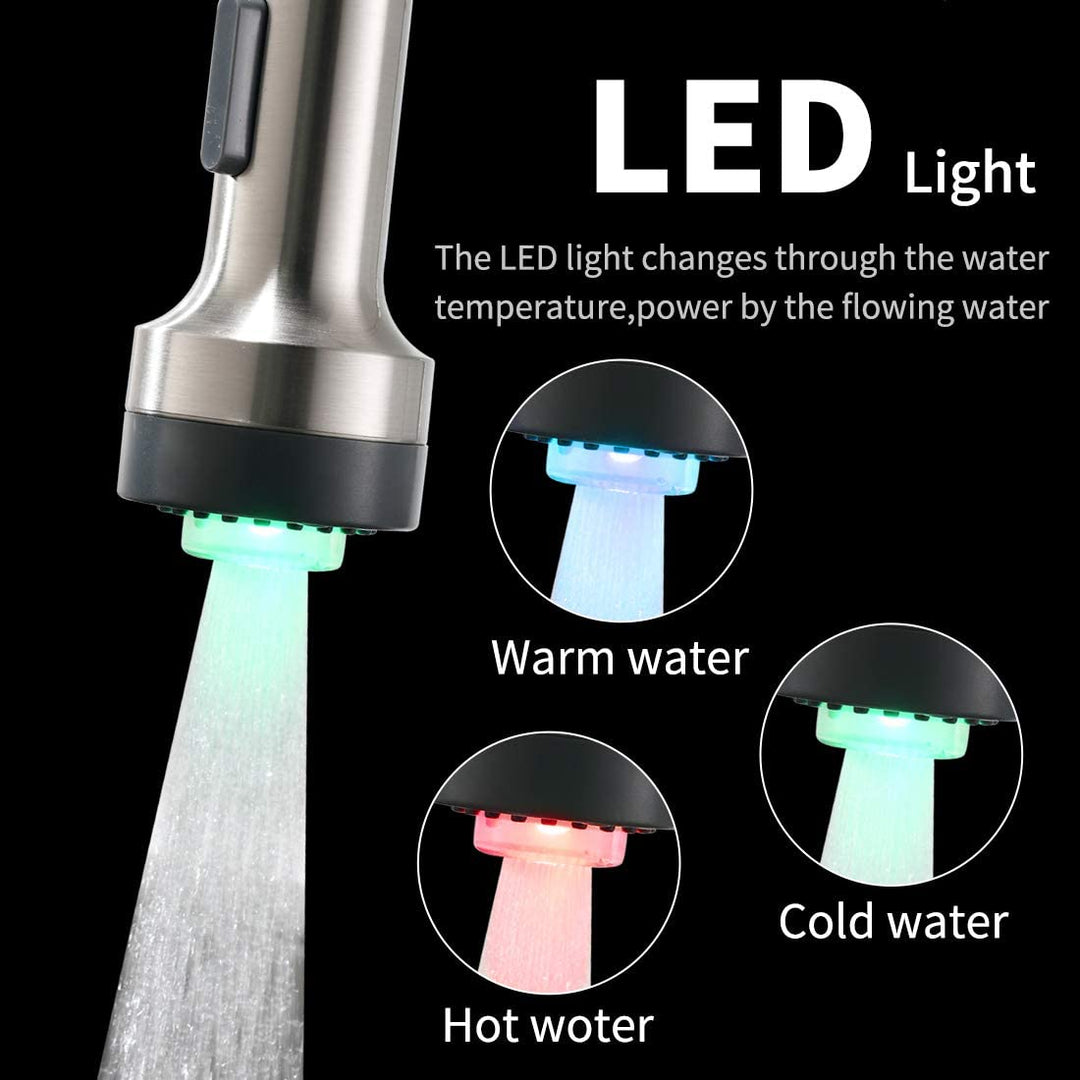 Single Handle Pull Down Sprayer Kitchen Faucet with 360° Rotation and LED Lights in Brushed Nickel