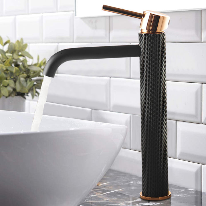 Single Handle Single Hole High Arc Deck Mount Bathroom Faucet with Supply Line in Matte Black