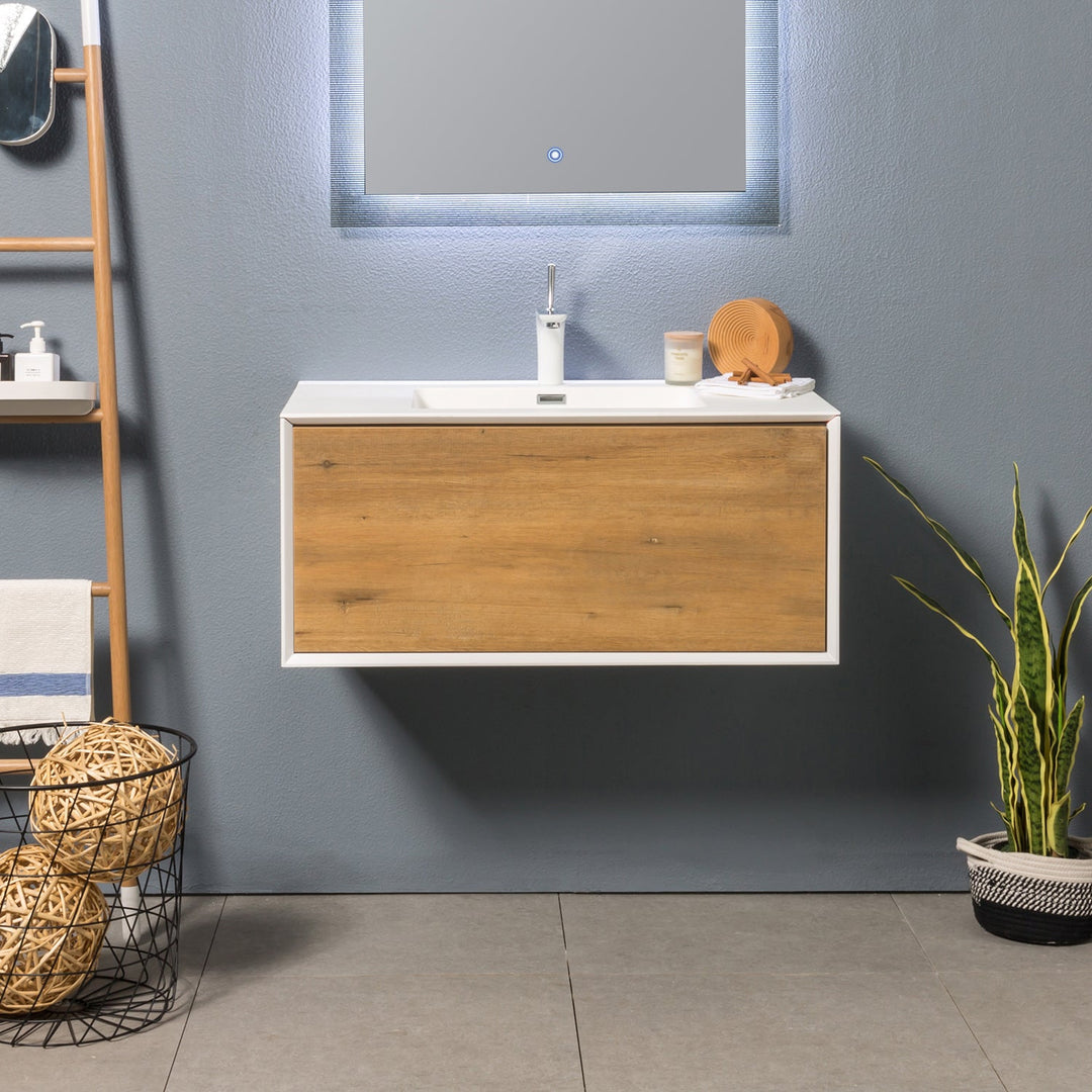 30" Bath Vanity in Natural and White with White Vanity Top with White Basin