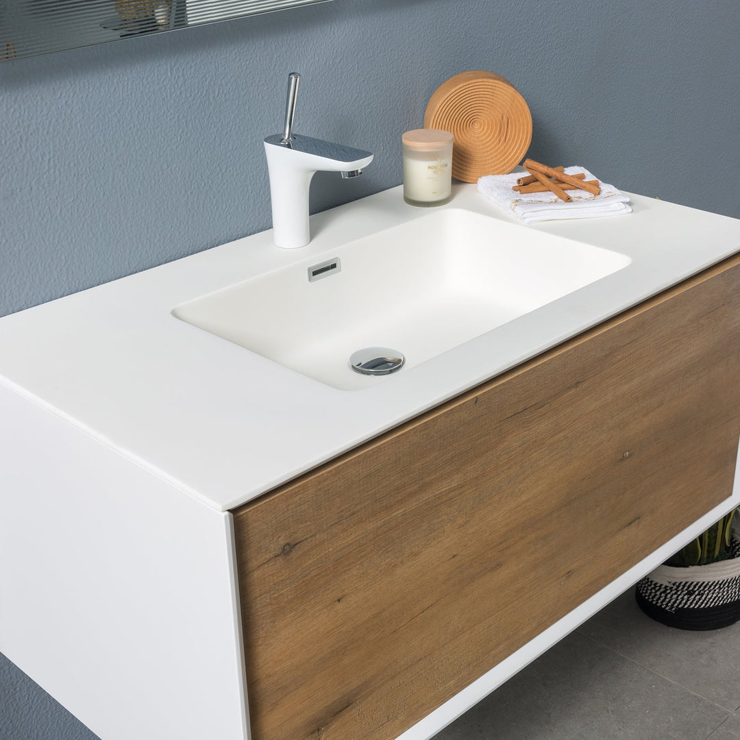 30" Bath Vanity in Natural and White with White Vanity Top with White Basin