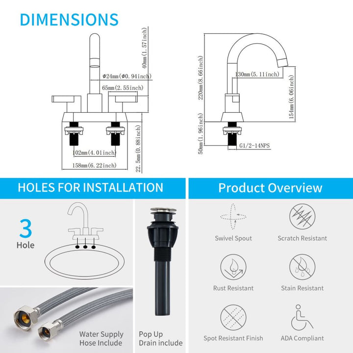 2 Handle Centerset Brushed Nickel Bathroom Sink Faucet with Pop Up Drain Assembly