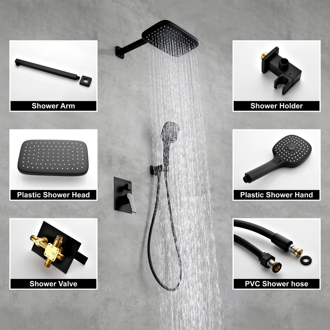 11.8 in. 2-Spray Patterns with 1.8 GPM Wall Mount Dual Shower Heads with Hand Shower in Matte Black