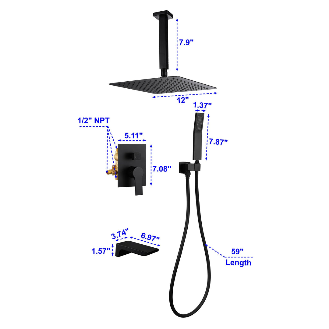 12 inch Ceiling Mount Single-Handle 1-Spray Tub and Shower Faucet with 12 in. Fixed Shower Head