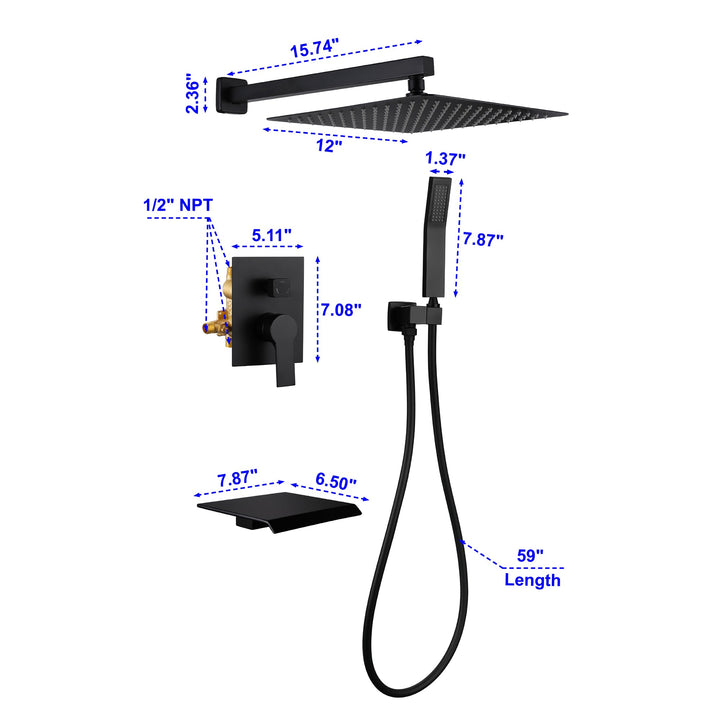 10 inch/ 12 inch 3-Spray Patterns with 1.8 GPM Wall Mount Dual Shower Heads with Waterfall Spout