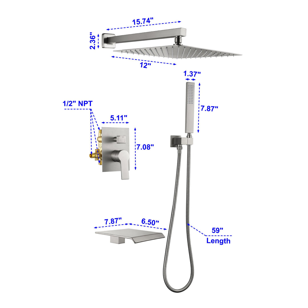 10 inch/ 12 inch 3-Spray Patterns with 1.8 GPM Wall Mount Dual Shower Heads with Waterfall Spout