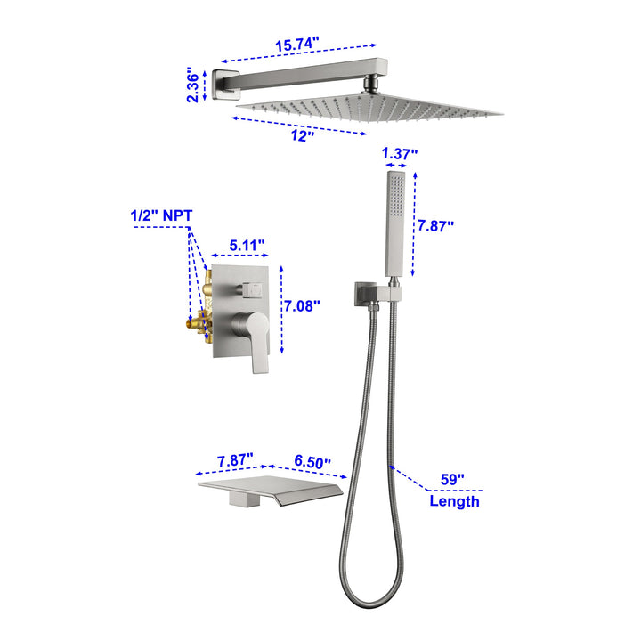 10 inch/ 12 inch 3-Spray Patterns with 1.8 GPM Wall Mount Dual Shower Heads with Waterfall Spout