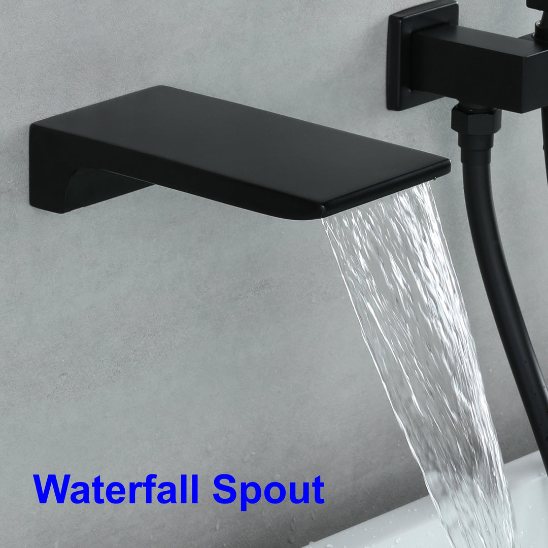 Single-Handle Wall-Mount Tub Faucet with Hand Shower and Waterfall Spout