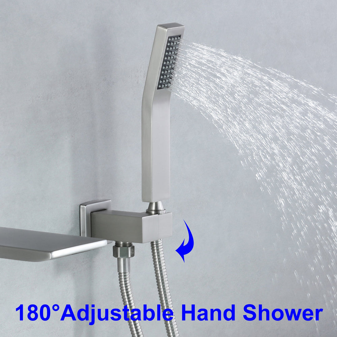 Single-Handle Wall-Mount Tub Faucet with Hand Shower and Waterfall Spout