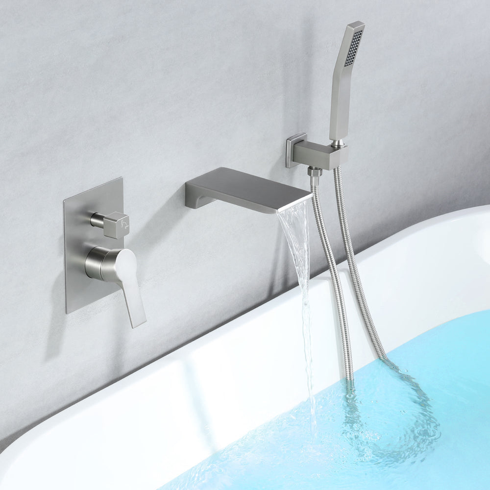 Single-Handle Wall-Mount Tub Faucet with Hand Shower and Waterfall Spo