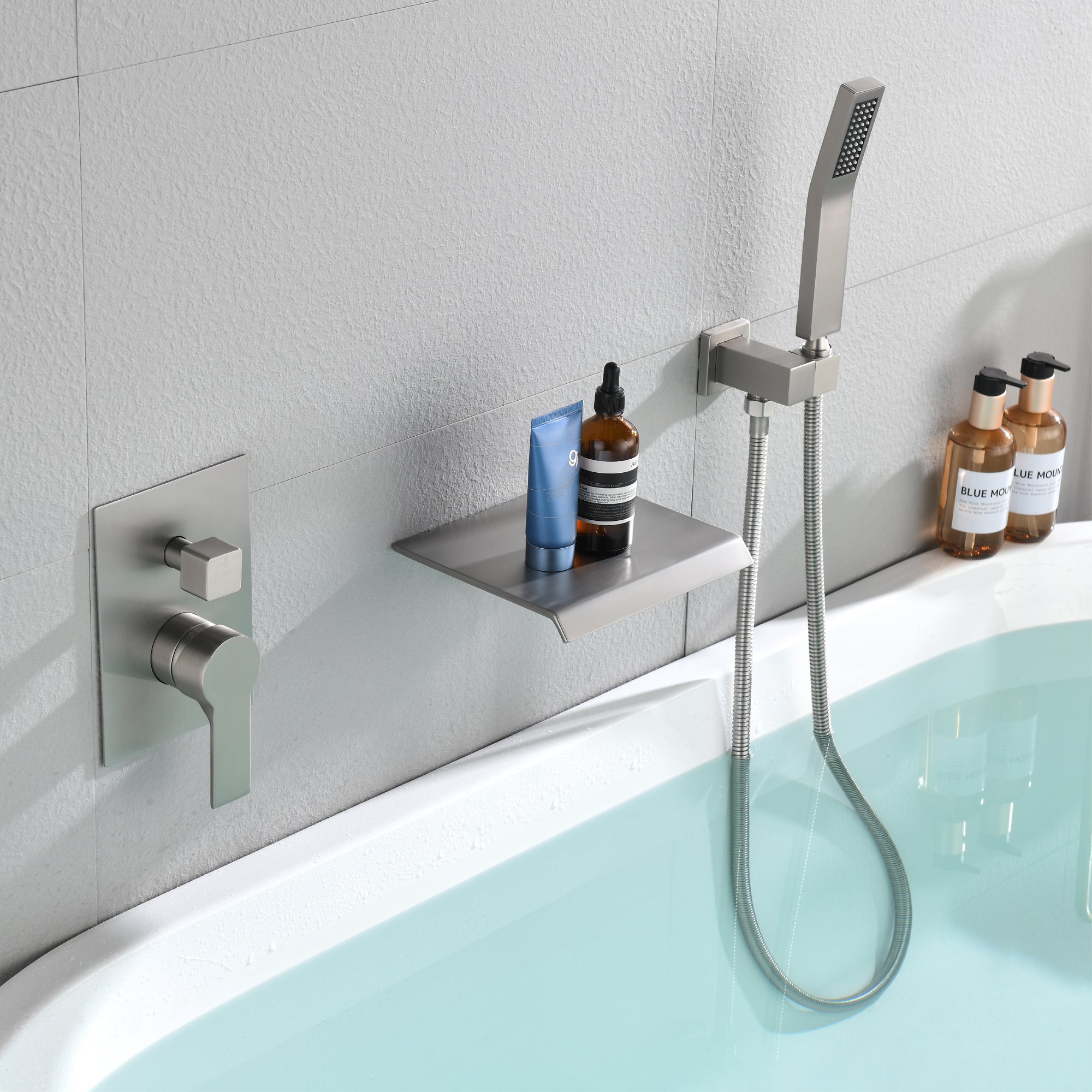 Waterfall Spout Single-Handle Tub Wall Mount Roman Tub Faucet with Hand Shower