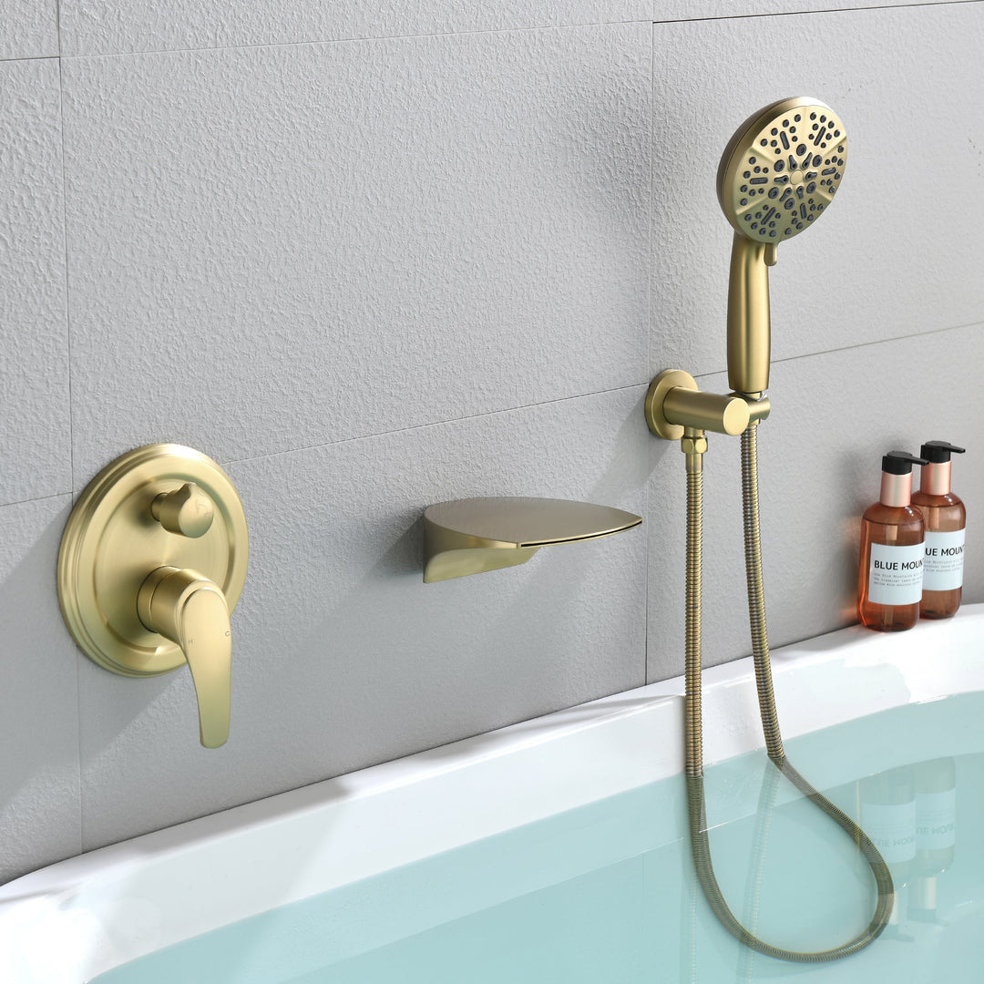 Single-Handle Wall Mount Roman Tub Faucet with 7-Spray Round Hand Shower