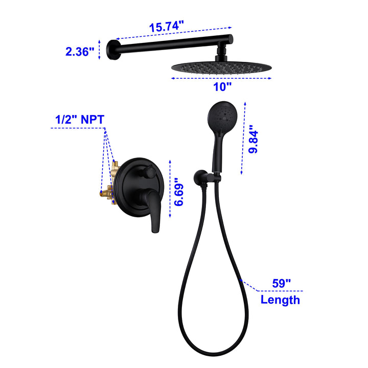 9inch/10inch/12inch 2-Spray Patterns with 1.8 GPM Wall Mount Dual Shower Heads with Hand Shower