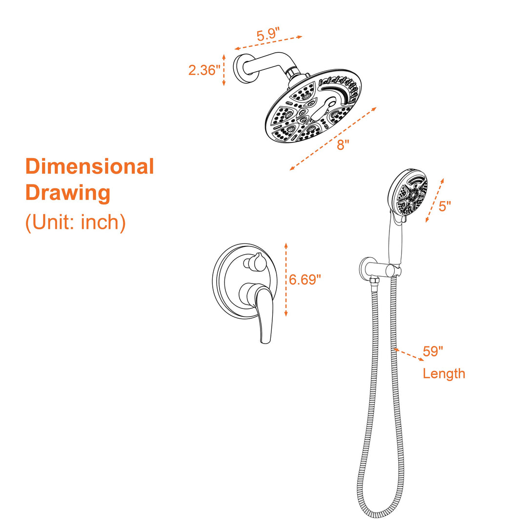 8 in. 6-Spray Patterns Tub Wall Mount Dual Fixed Shower Head