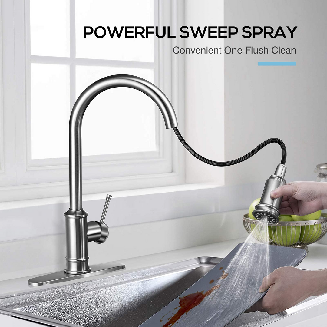 3 Modes Pull Down Sprayer  Brushed Nickel Kitchen Faucet Single Handle 1or3 Holes with Deck Plate