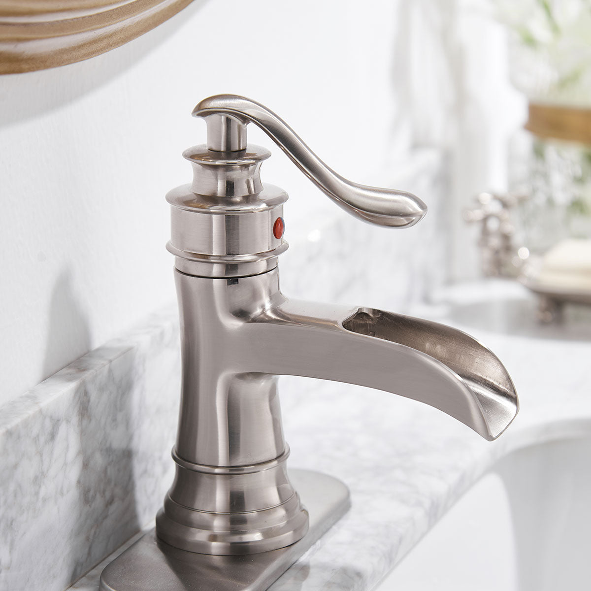 Sleek Stylish Single-Hole Single Handle Bathroom Faucet with Drain Kit Included in Brushed Nickel