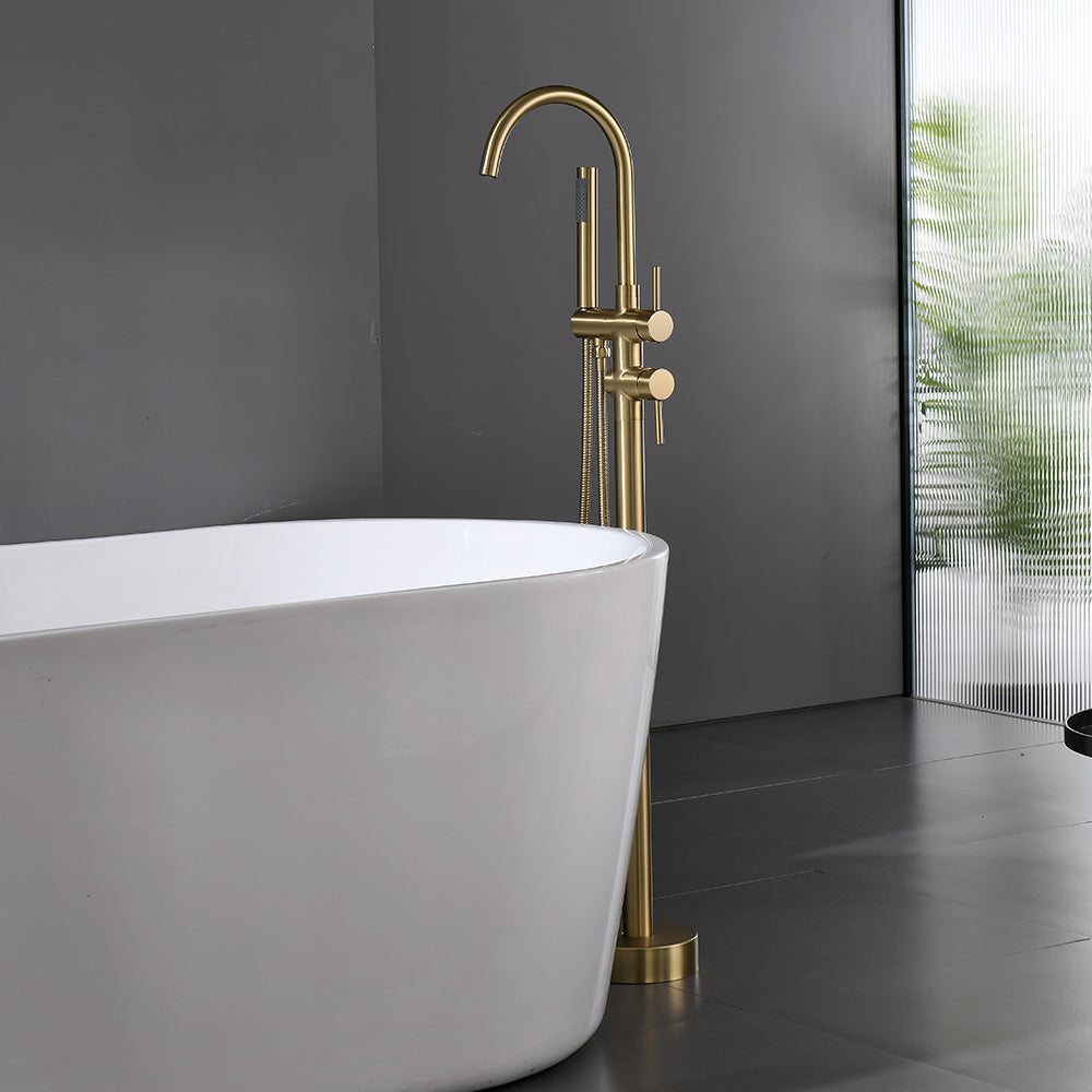 Brushed Gold 2-Handle Freestanding Tub Faucet with Hand Shower