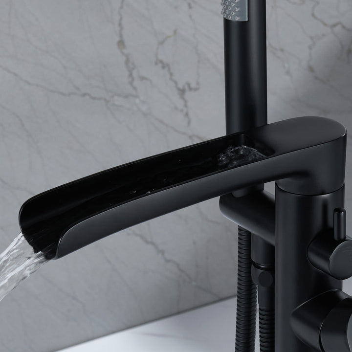 Modern Black Dual Function Freestanding Floor Mounting Waterfall Tub Faucet Filler