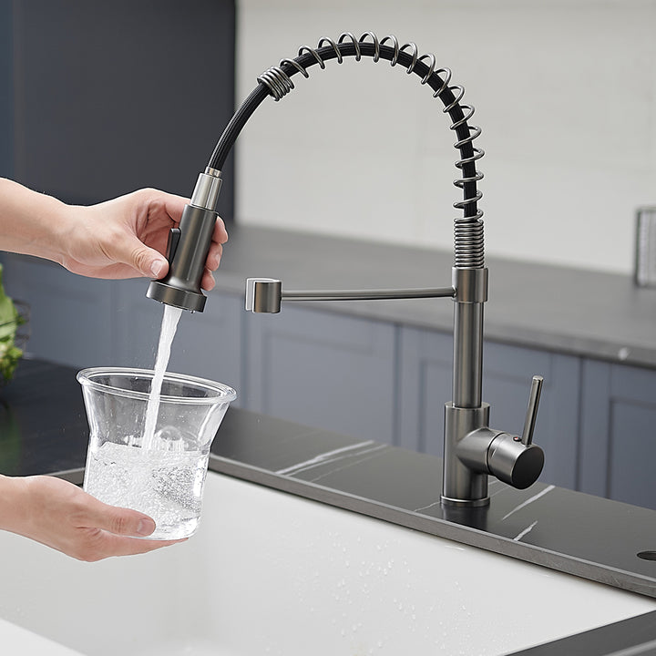 Single Handle Deck Mount Gooseneck Pull Down Sprayer Kitchen Faucet with Handles in Gun-Grey