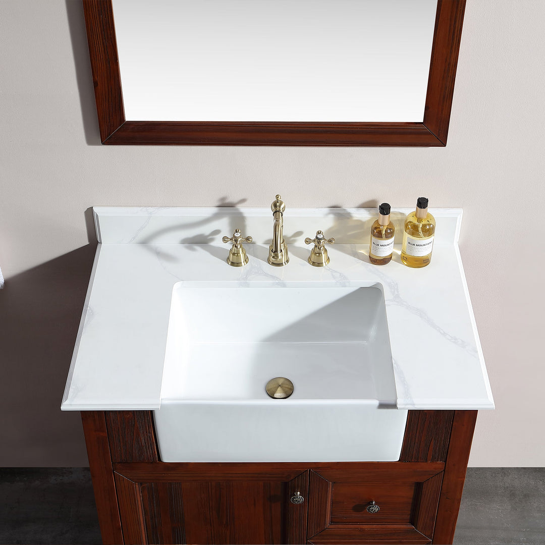 36 in. W x 22 in. D x 35 in. H Freestanding Bath Vanity Wood in Brown with White Quartz Top with White Basin