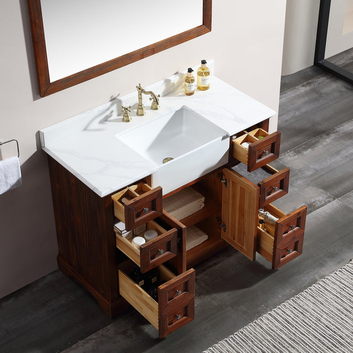 48 in. W x 22 in. D x 35 in. H Freestanding Bath Vanity Wood in Brown with White Quartz Top with White Basin