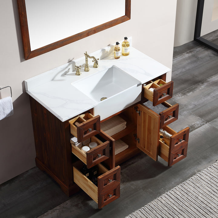 48" Freestanding Bath Vanity Wood in Brown with White Quartz Top with White Basin