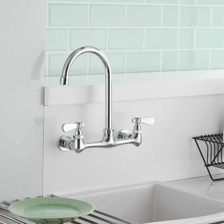 Double Handle Wall Mount Standard Kitchen Faucet with 8 in. Swivel Spout
