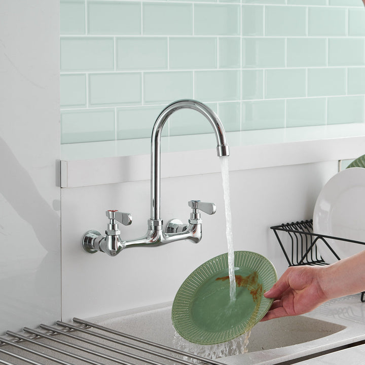 Double Handle Wall Mount Standard Kitchen Faucet with 8 in. Swivel Spout