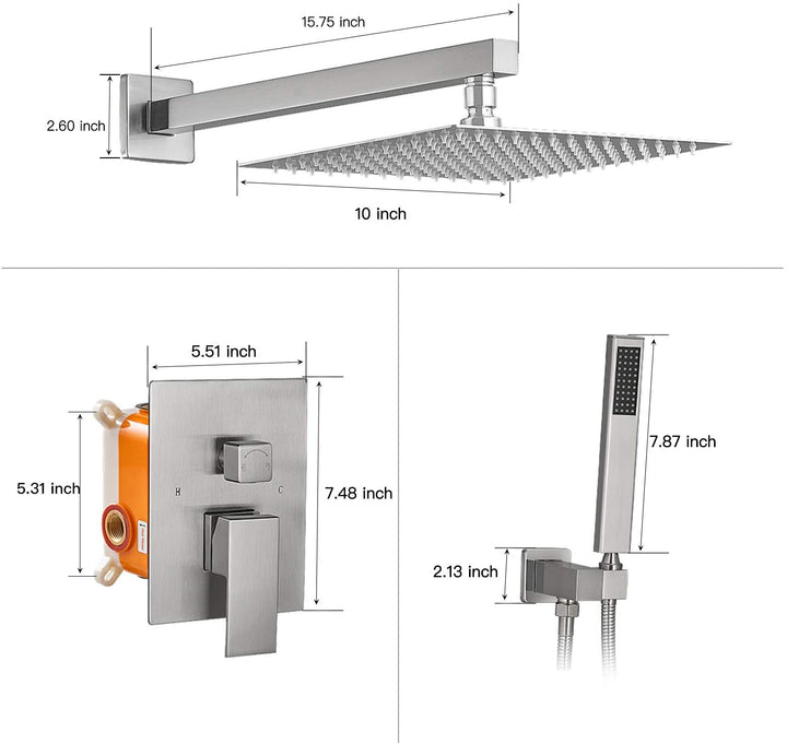 10inch/ 12inch/ 16inch Showerhead Single-Handle 2-Spray Square  Shower Faucet Valve Included