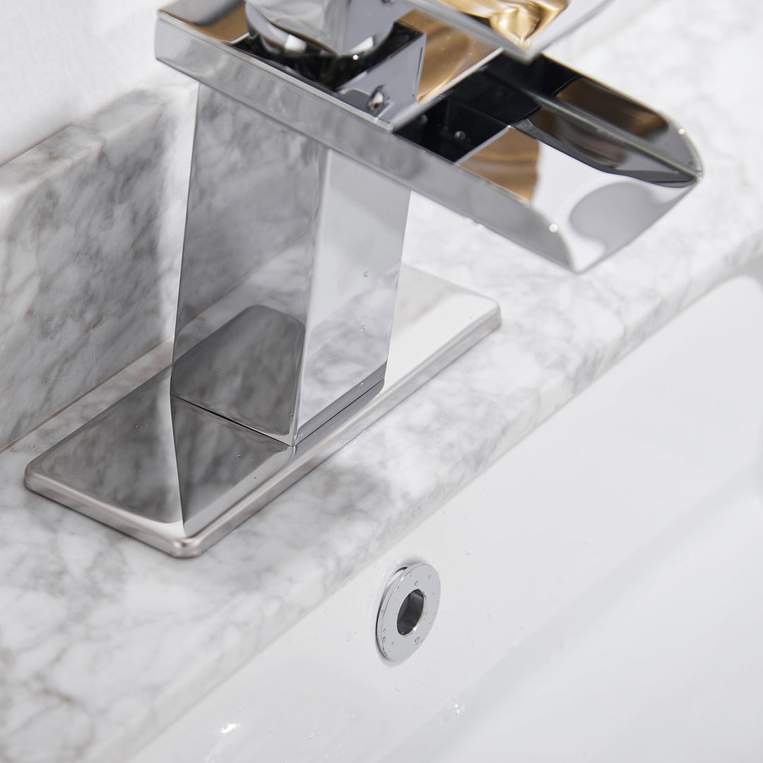 Single Hole Waterfall Bathroom Faucet with Deckplate Included and Drain Kit Included