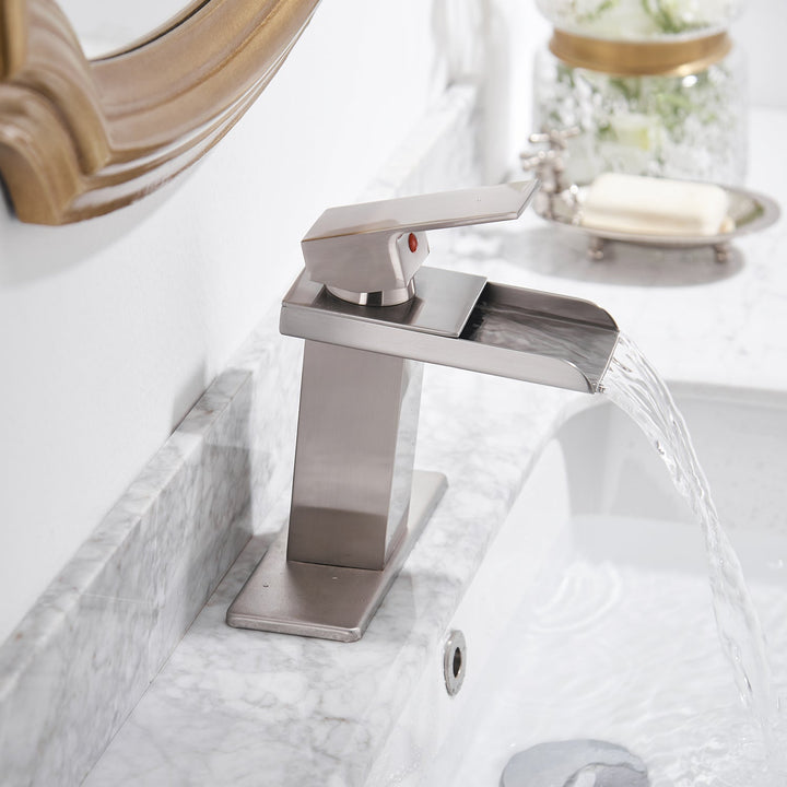 Single Hole Waterfall Bathroom Faucet with Deckplate Included and Drain Kit Included