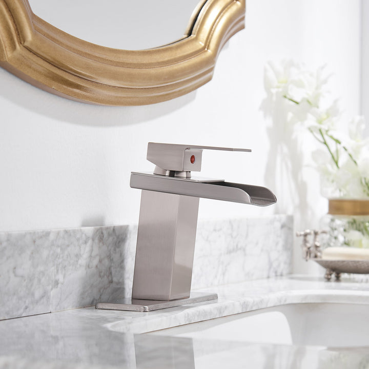 Single Hole Waterfall Bathroom Faucet with Deckplate Included and Drain Kit Included